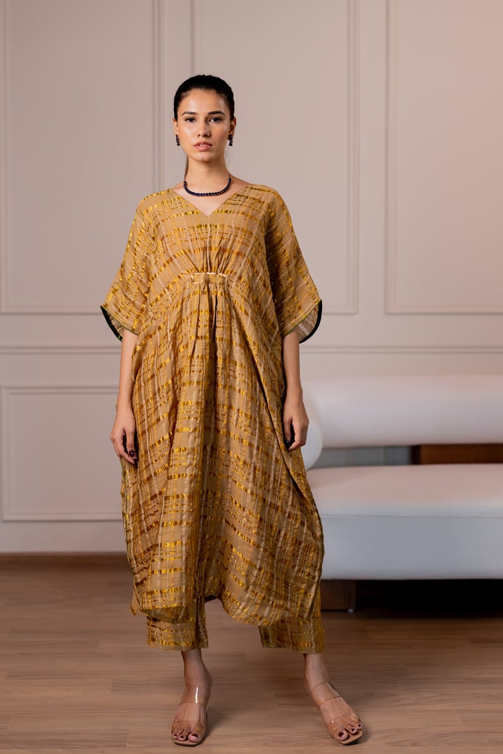 Yellow Chanderi Silk V-Neck Striped Kaftan with Slip
