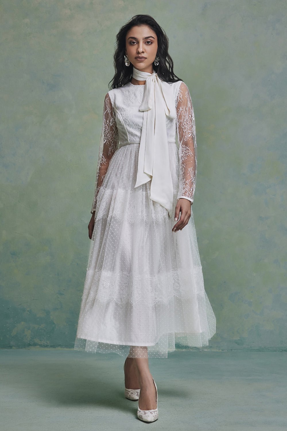 White Lace Sleeve Fit and Flare Midi Dress