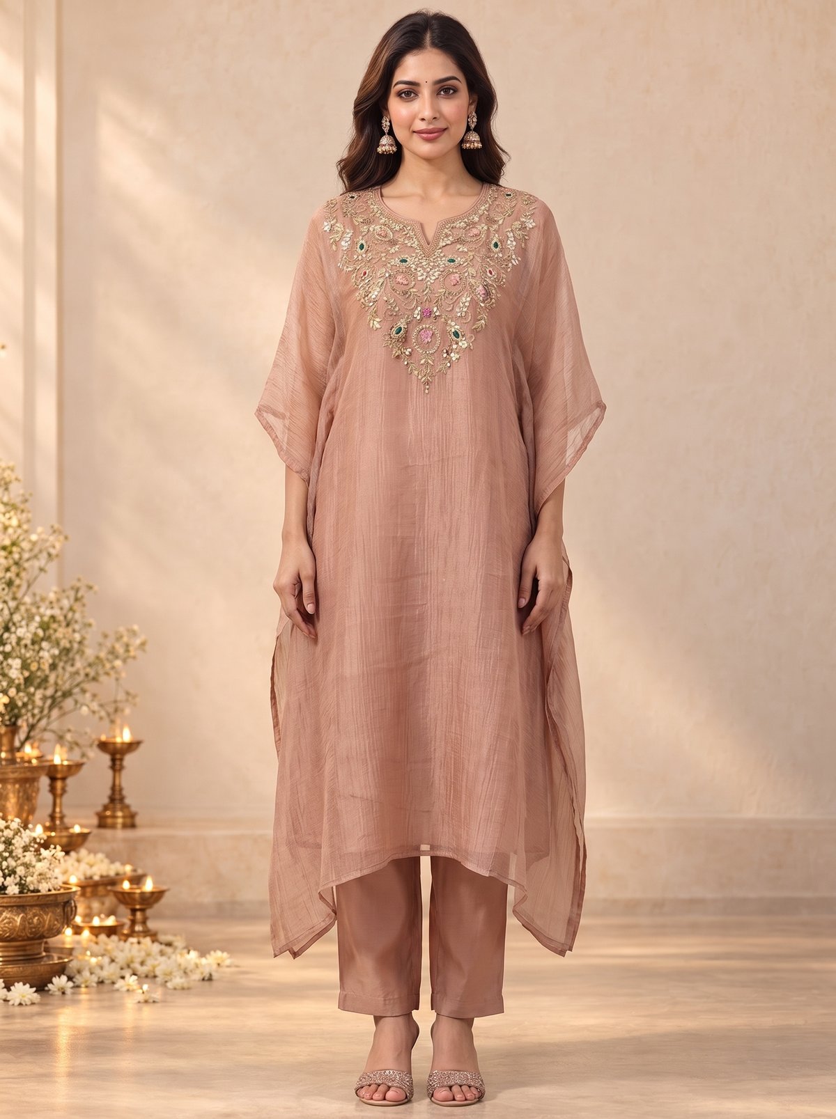 Embroidered Fabric Dabka Thred Work In Peach
