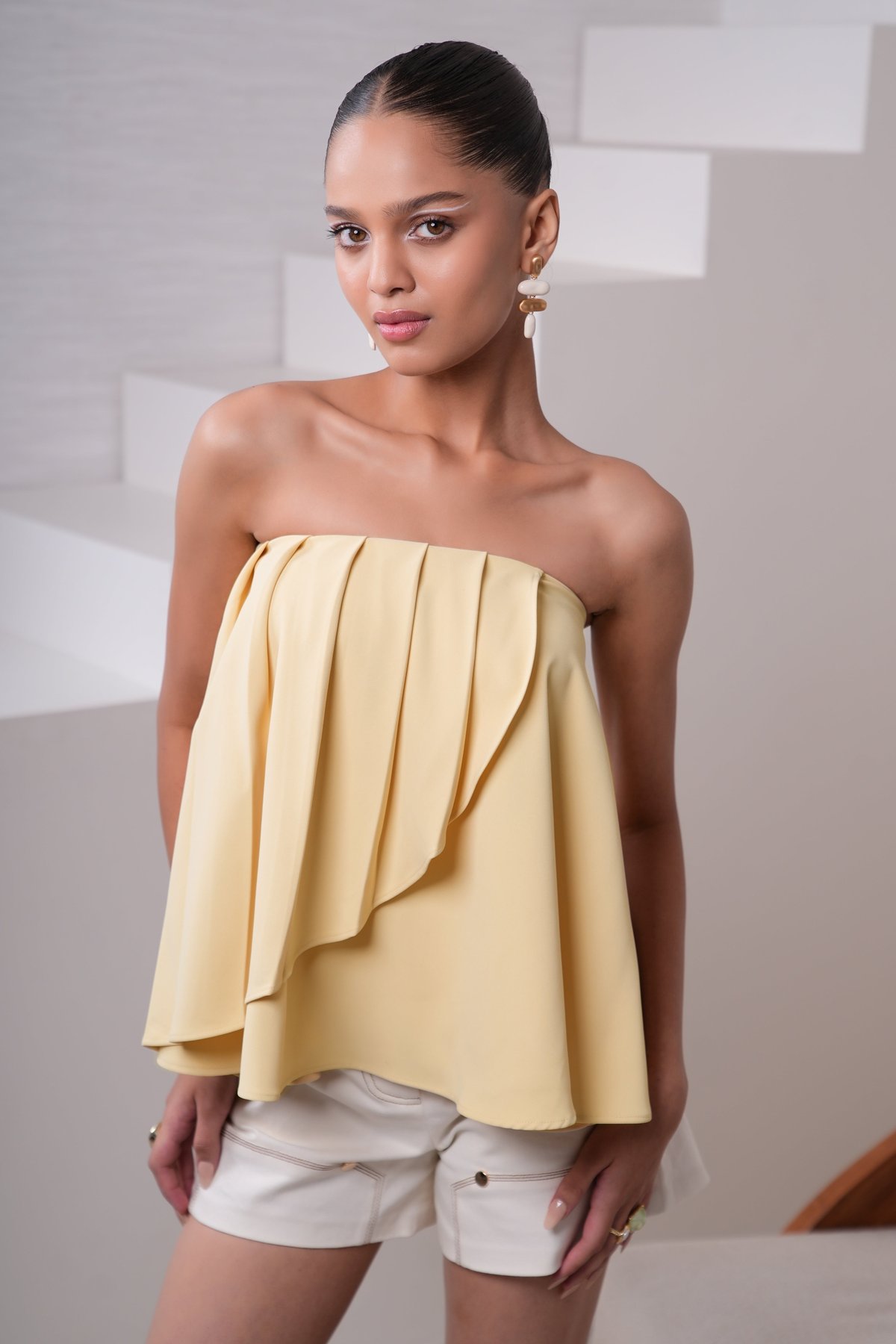 Buttery Yellow Draped Bandeau Twill Top