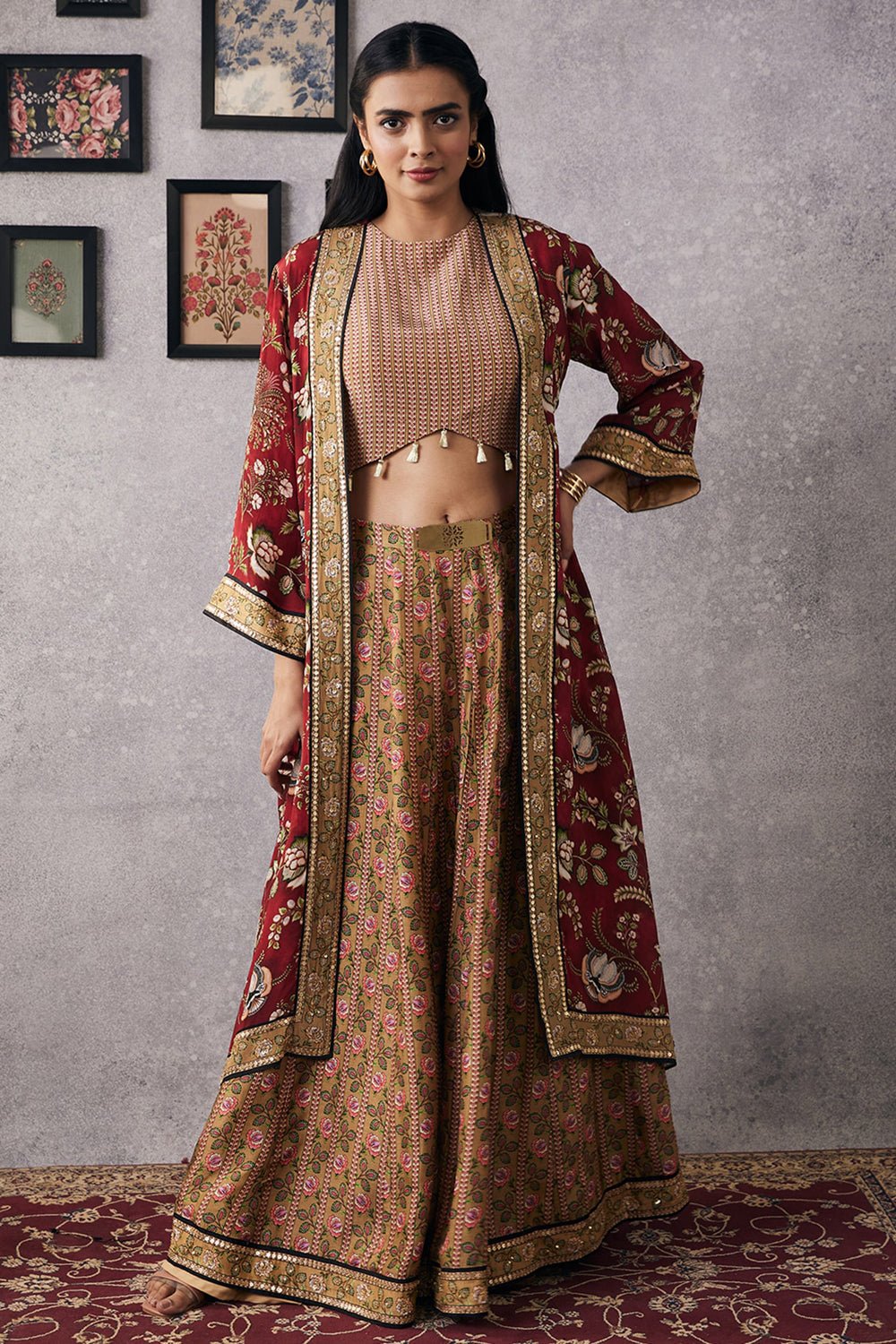 Red Printed Lehenga Set with Long Jacket