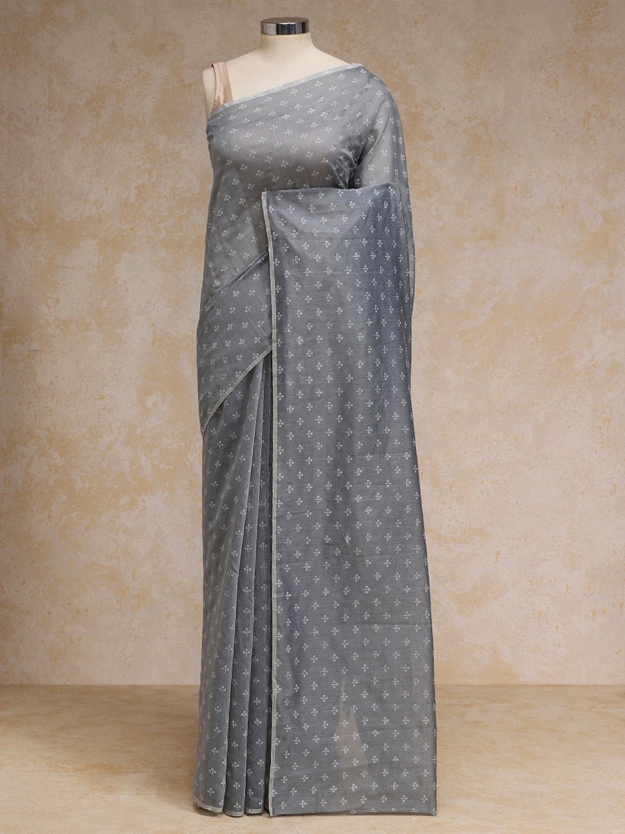 Grey Cotton Saree White Butti Print Rozaana
