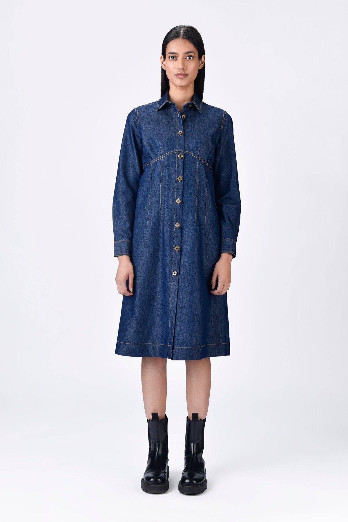 Navy Blue Chambray Button-Down Midi Shirt Dress