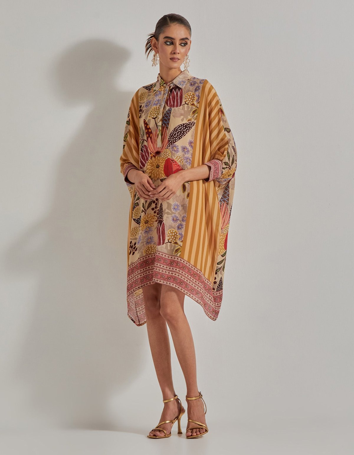 Beige Printed Baggy Tunic Kurta with Collar