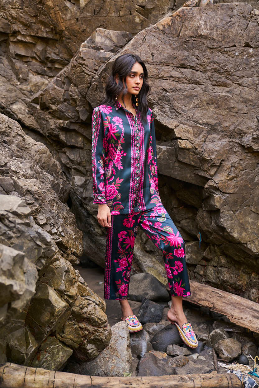 Green and Pink Placed Floral Satin Straight-Leg Trousers