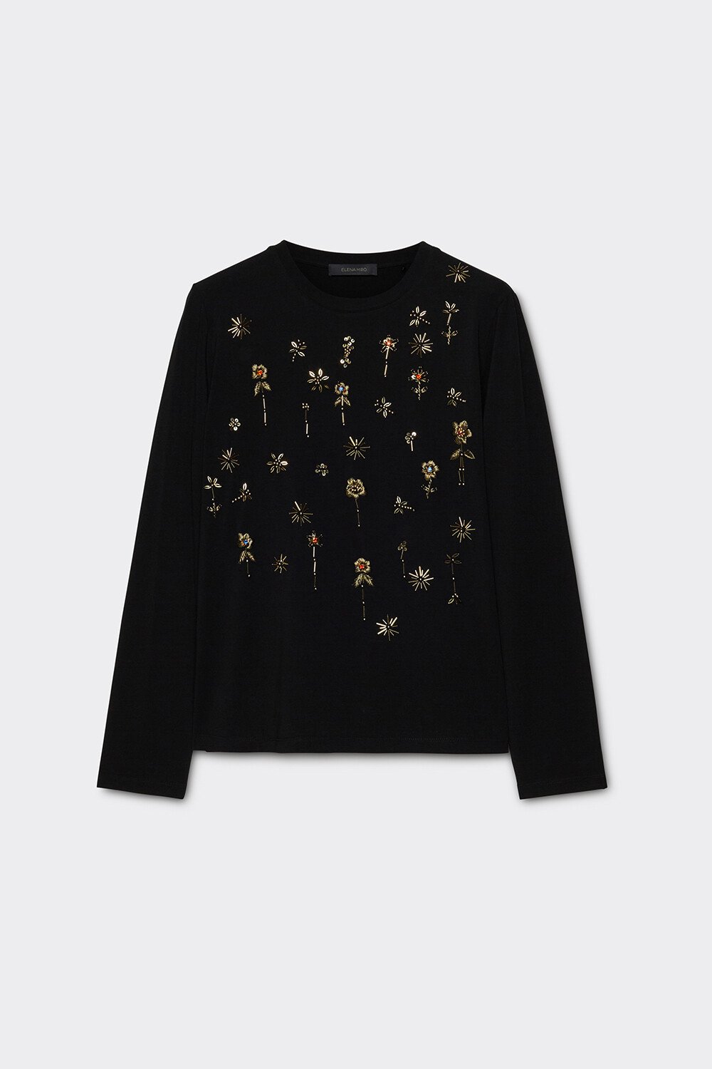 Black Embellished Long Sleeve Round Neck T-Shirt