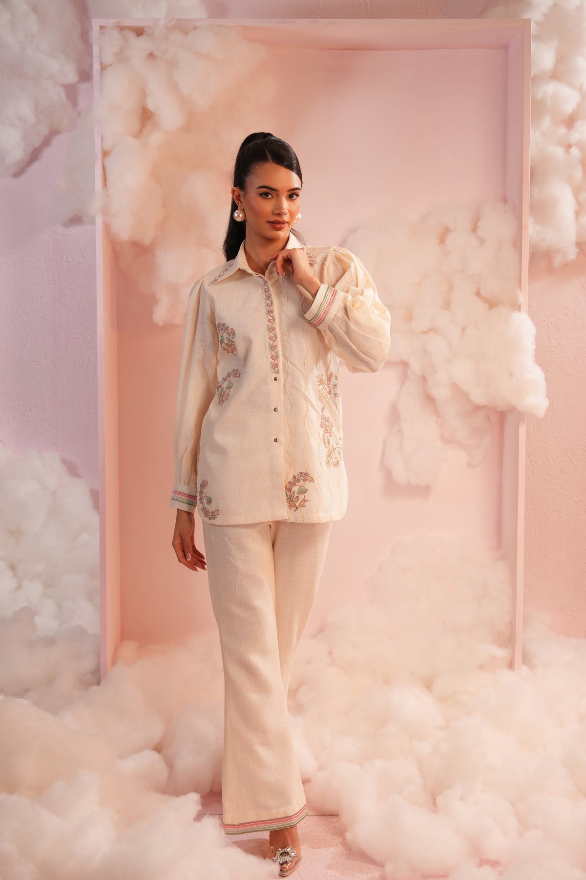 Cream Embroidered Shirt and Bootcut Pants Co-ord Set
