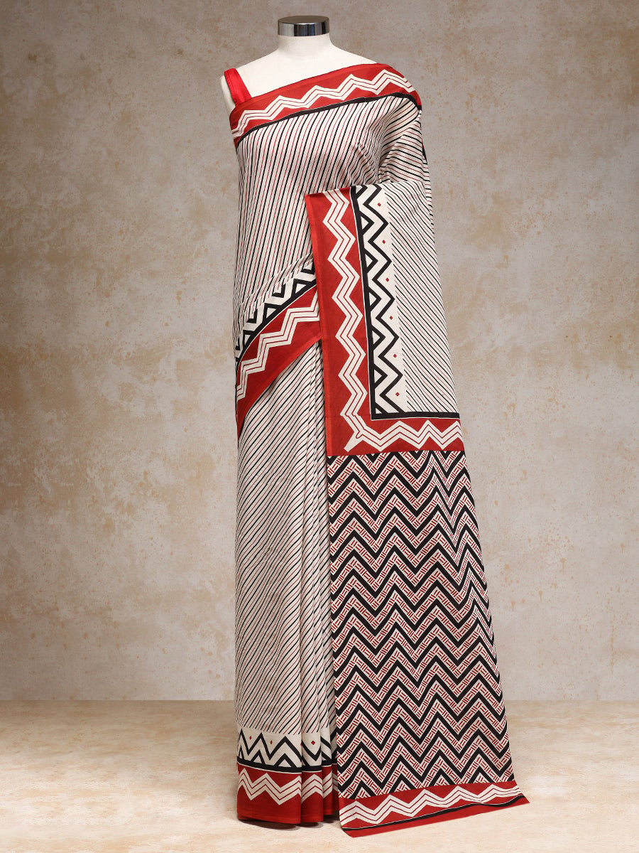 Red Black Handblock Printed Diagonal Striped