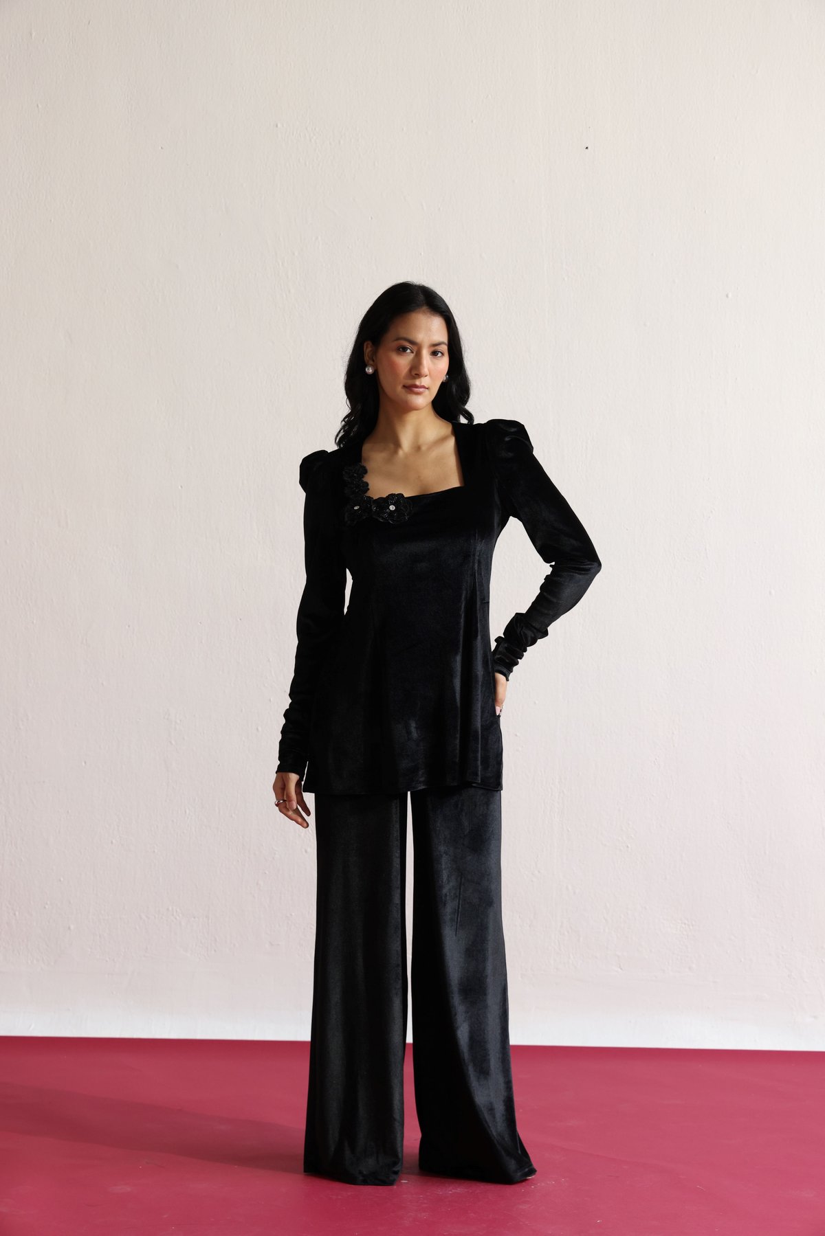 Black Velvet Co-ord Set with Embellished Square Neck