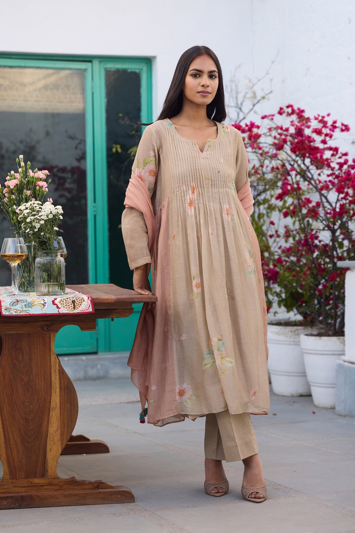 Beige Hand-Painted Floral Chanderi Kurta Set