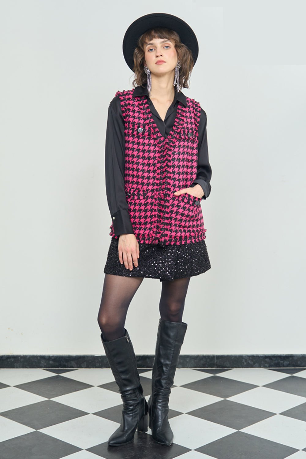 Hot Pink and Black Houndstooth Tweed Co-ord Set
