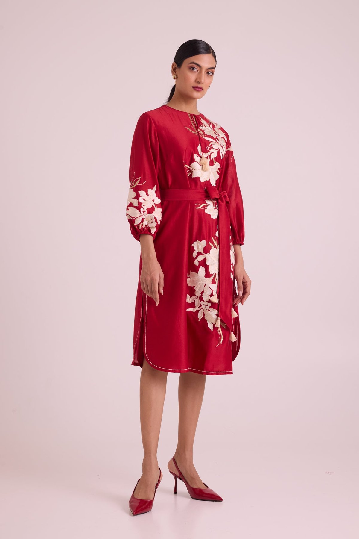 Madder Red Floral Embroidered Midi Dress with Waist Tie