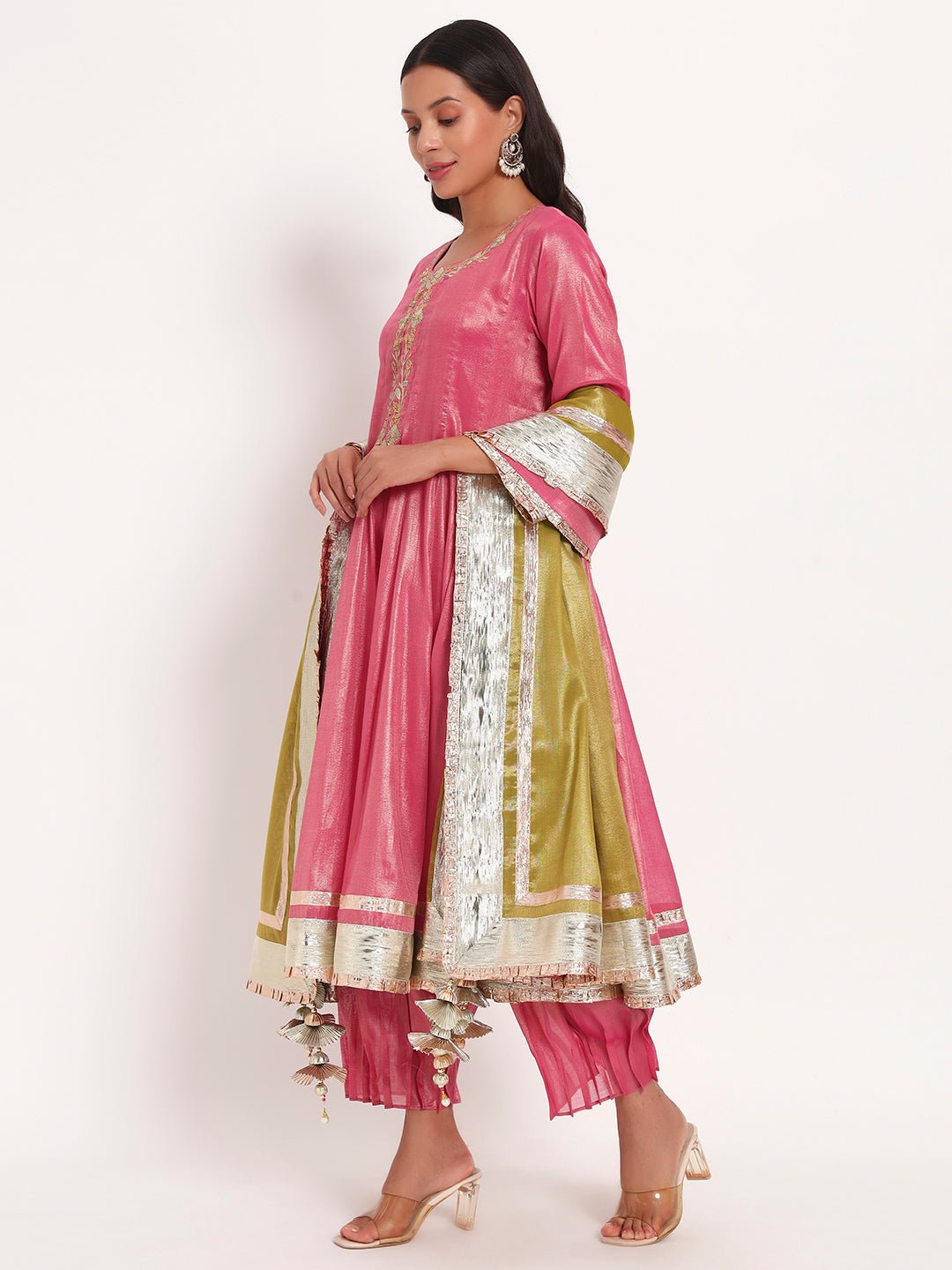 Rose Pink Cotton Tissue Anarkali Kurta Set with Dupatta