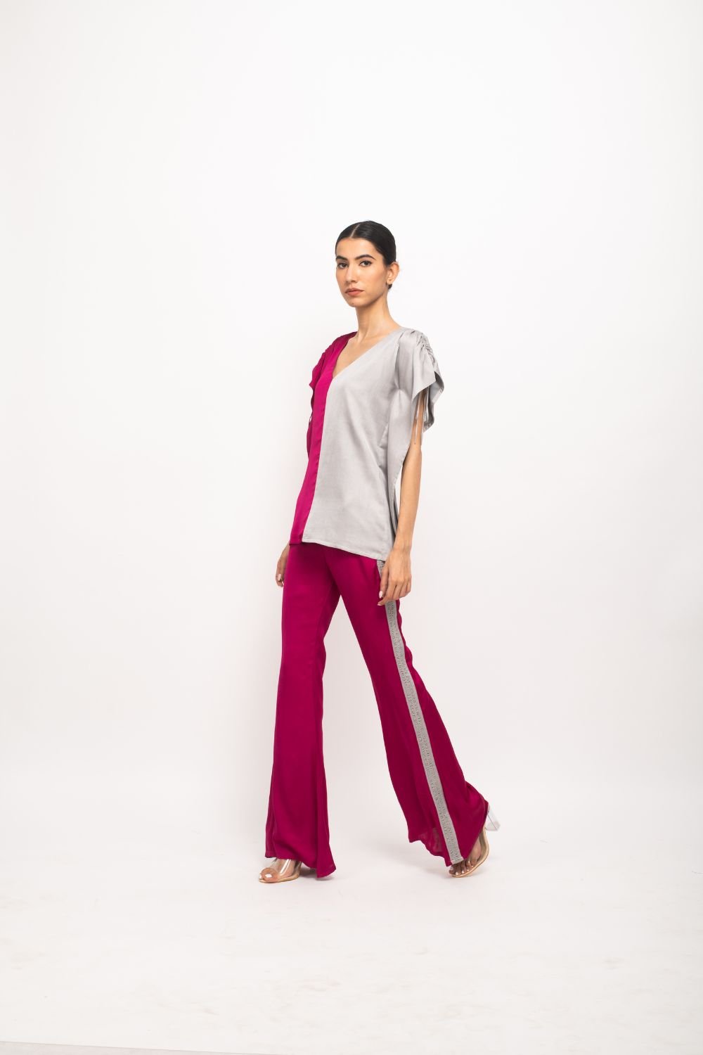 Wine Grey Colorblock Kaftan and Bell Bottom Co-ord Set