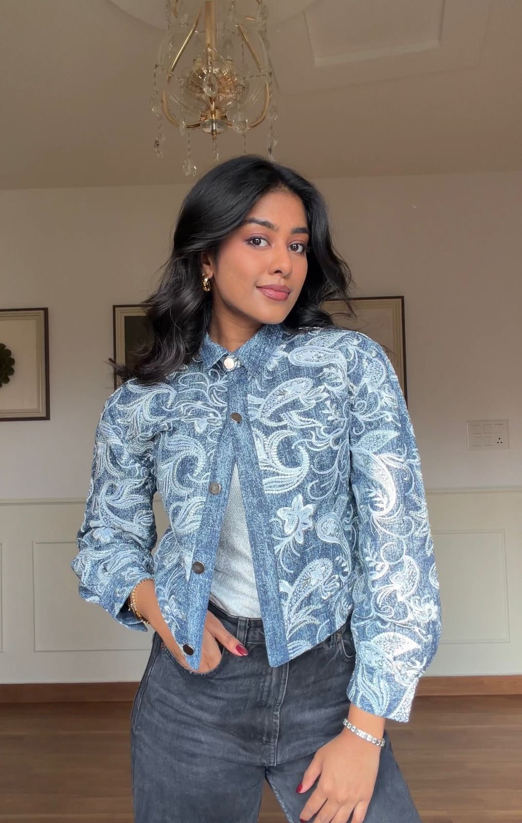 Blue Cropped Denim Jacket with Embroidery and Sequin Detail