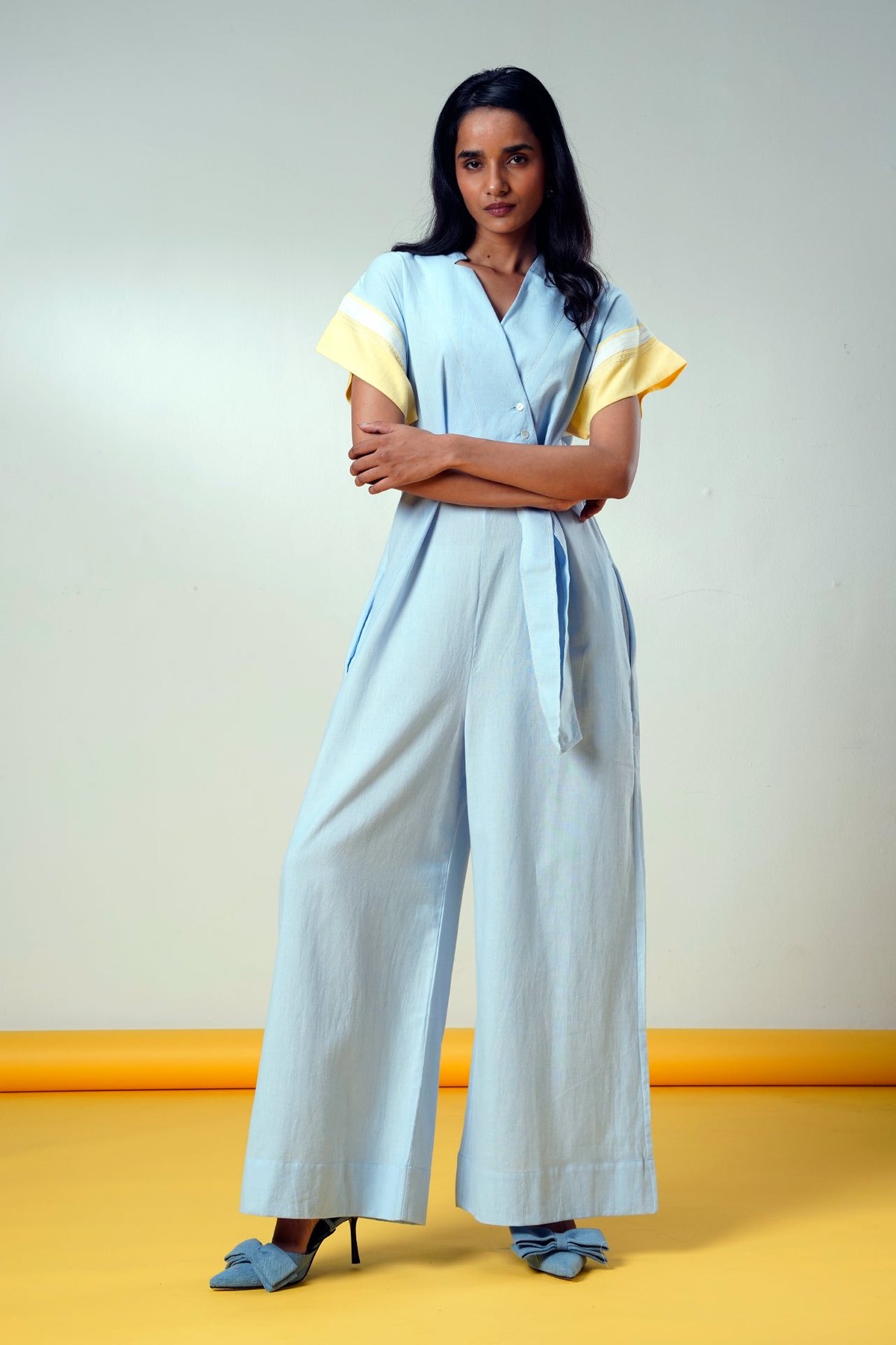 Ice Blue Colorblock Wrap Jumpsuit with Belt