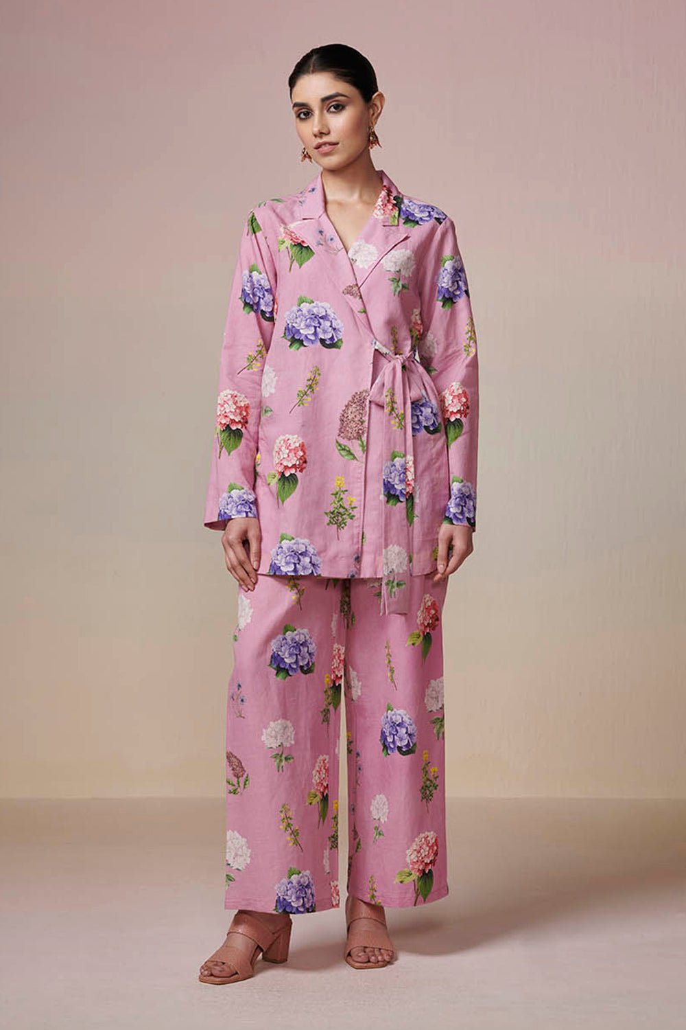 Onion Pink Floral Wrap Kurta Set with Tie-Up Detail