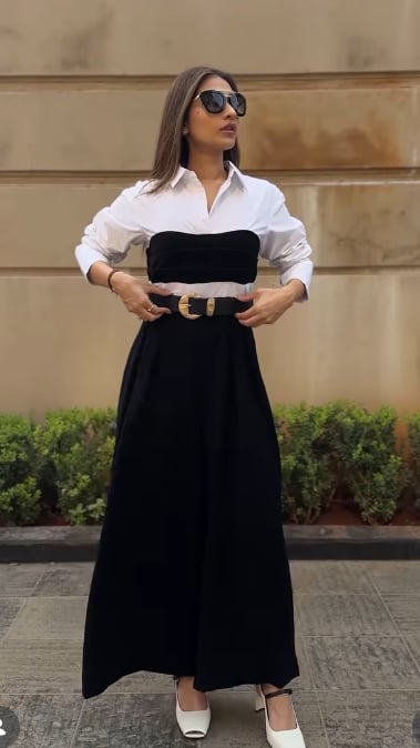 Black and White Colorblocked Belted Wide-Leg Jumpsuit