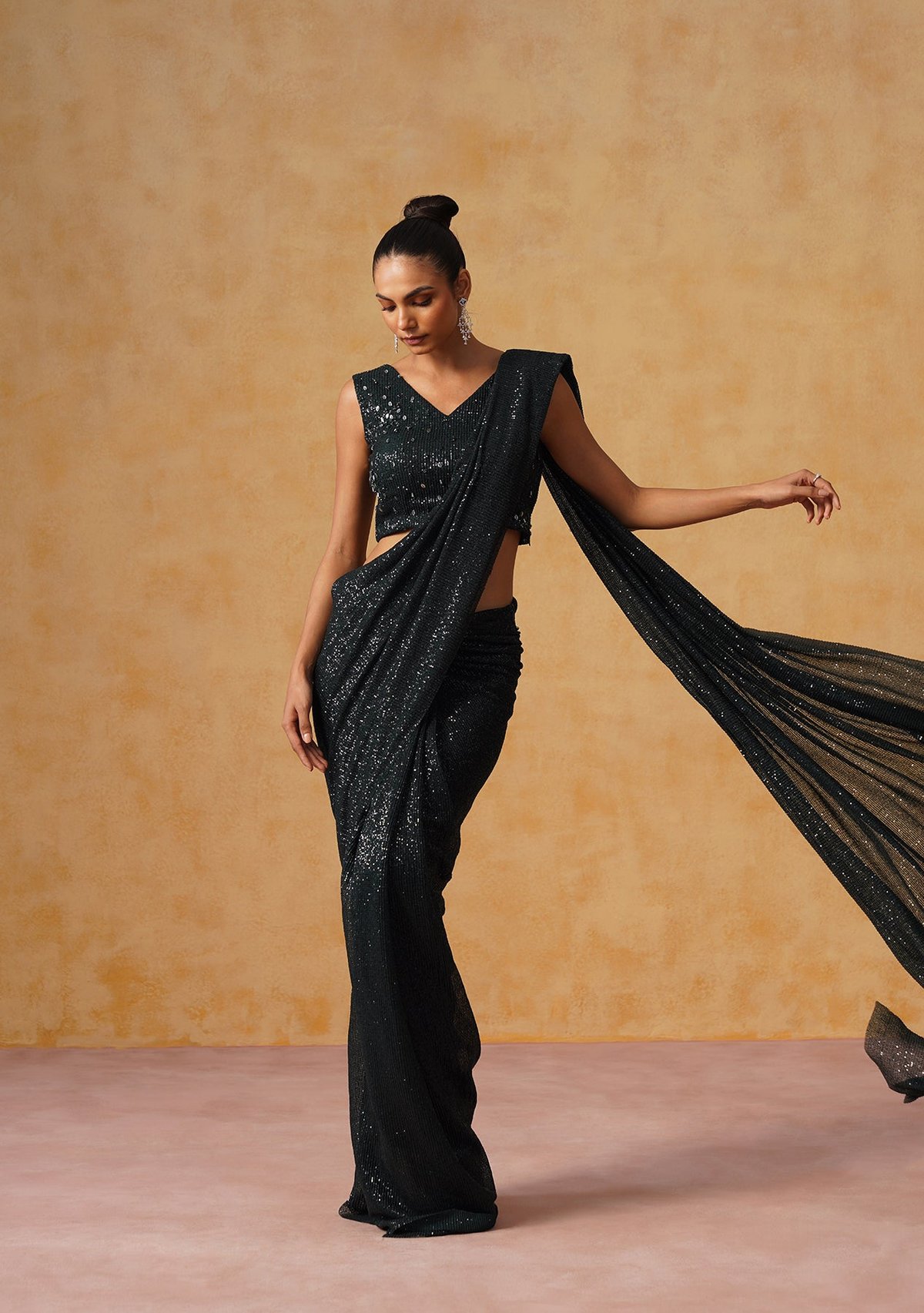 Black Sequin Pre-Draped Saree with Blouse Piece