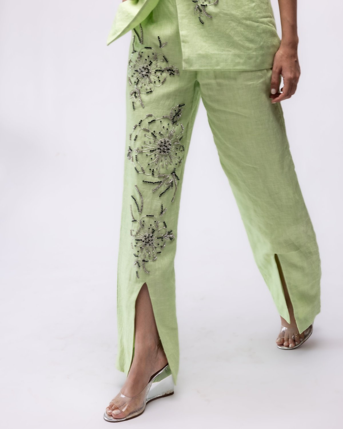 Light Green Linen High-Waist Embellished Slit Trousers