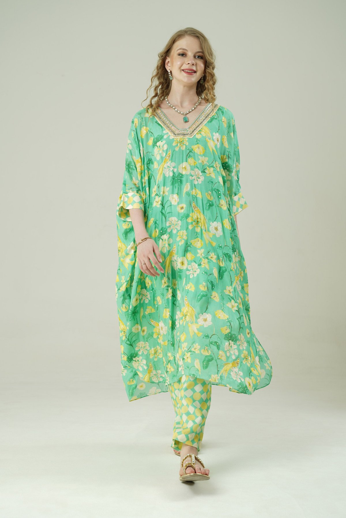 Green Floral Kaftan Kurta Set with Tapered Pants