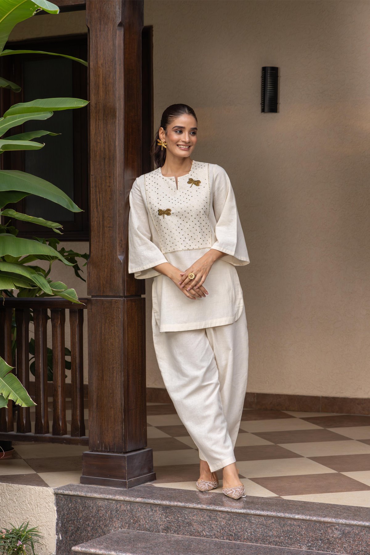 Ivory Embroidered Yoke Kurta Set with Pants