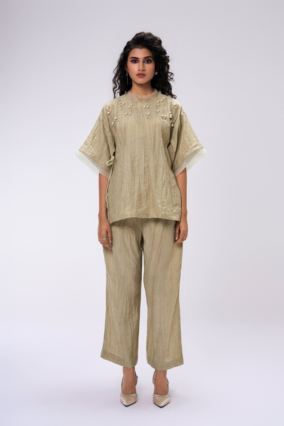 Beige Pearl-Embellished Co-ord Set with Wide-Leg Pants