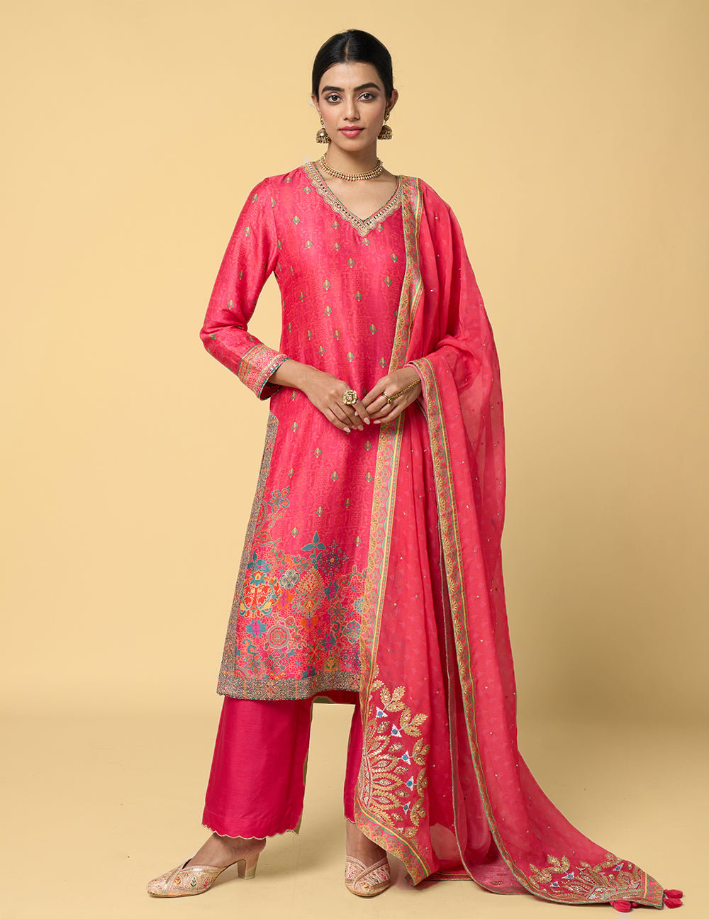 Pink V-Neck Printed Straight Kurta Set with Dupatta