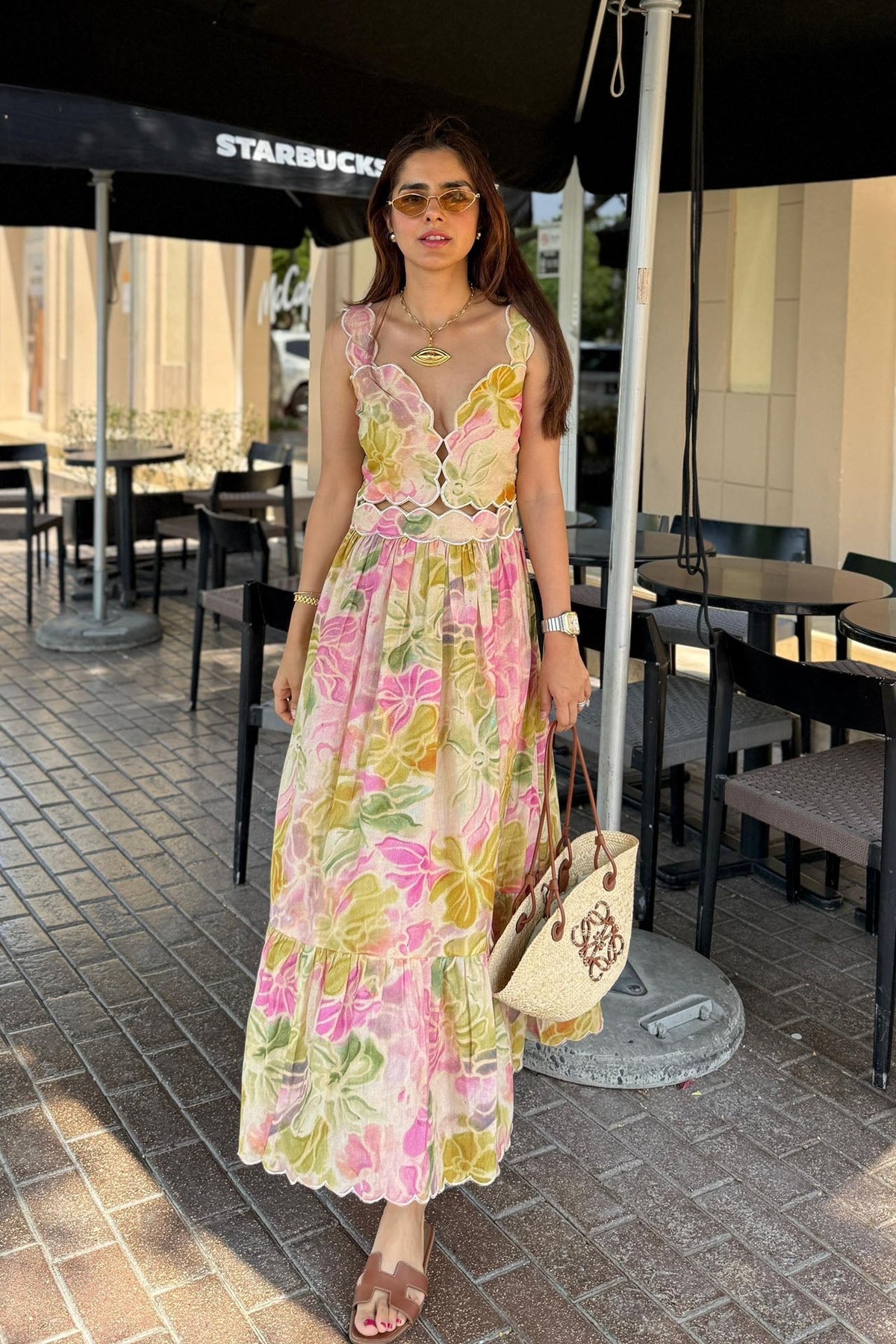 Multicolor Printed Linen Scallop Detail Midi Dress