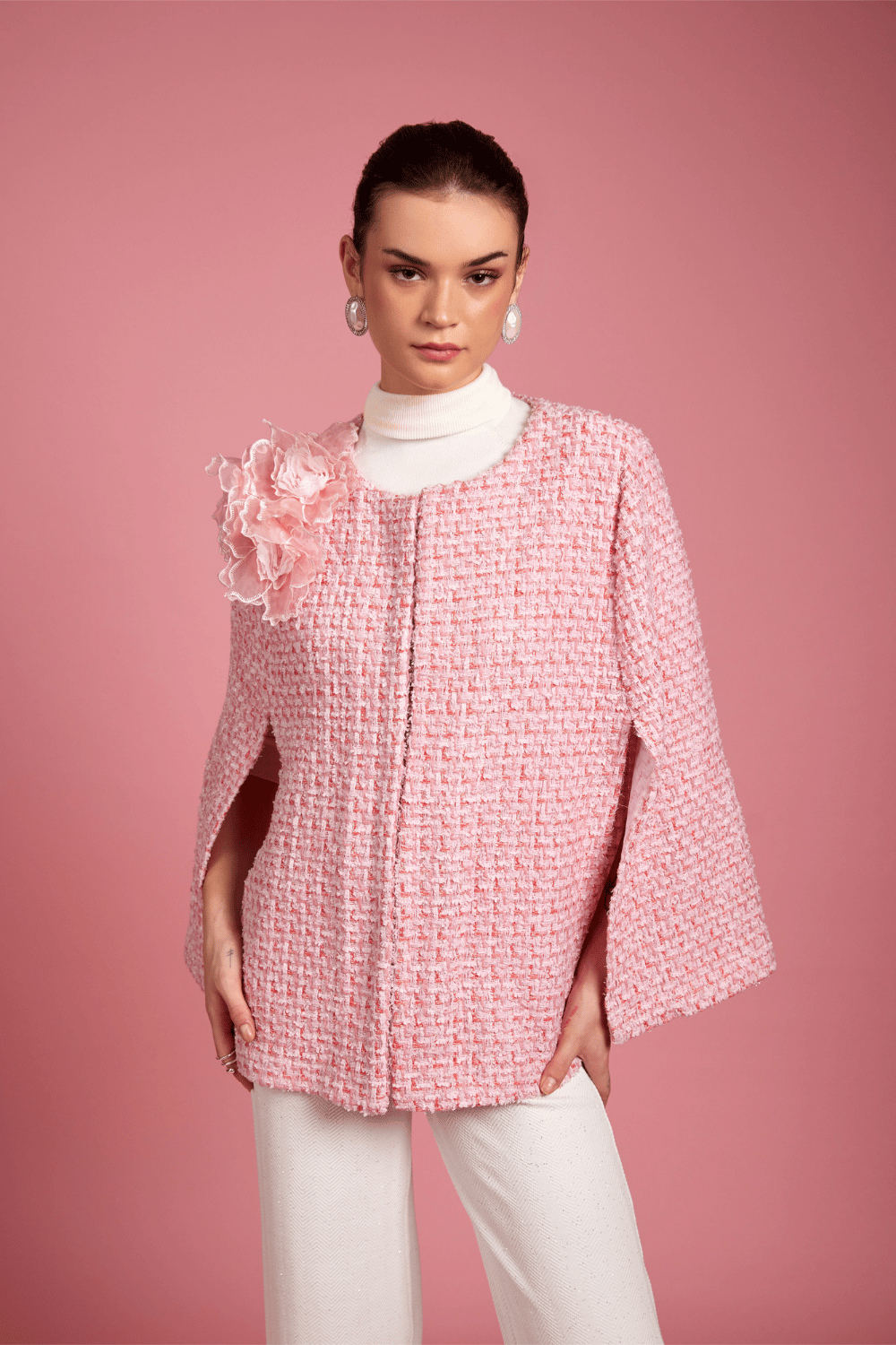 Pink Tweed Cape with 3D Floral Shoulder Detail