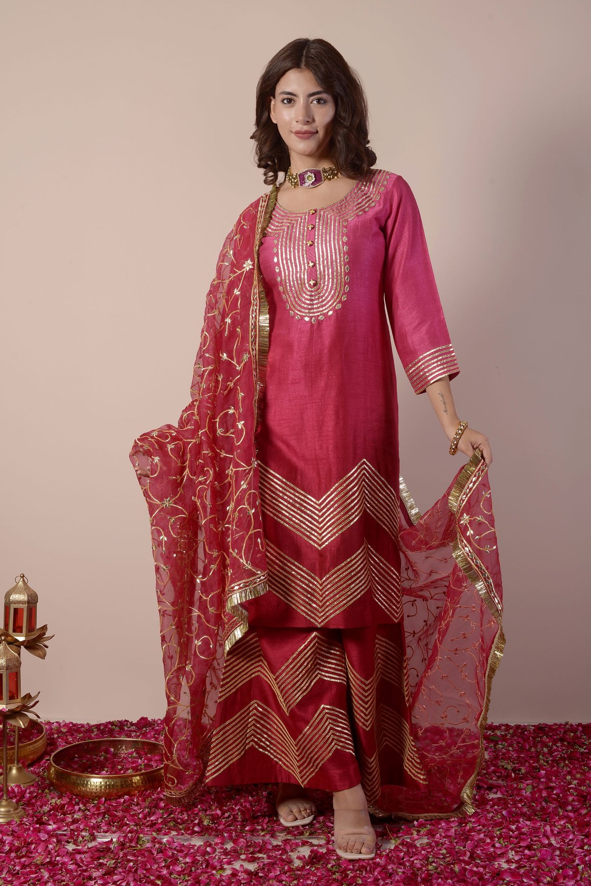 Crimson Red Ombre Gota Kurta Sharara Set with Dupatta