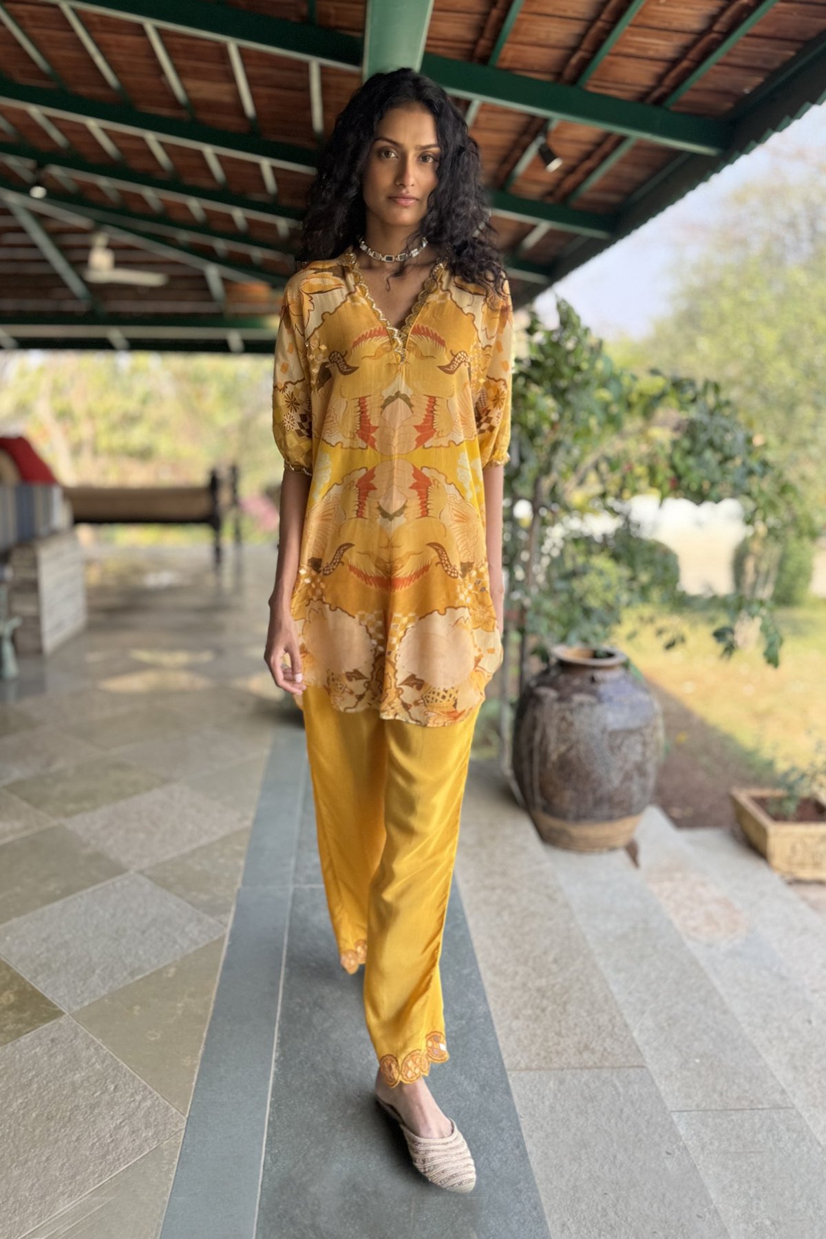 Canary Yellow Printed Co-ord Set with Straight Pants