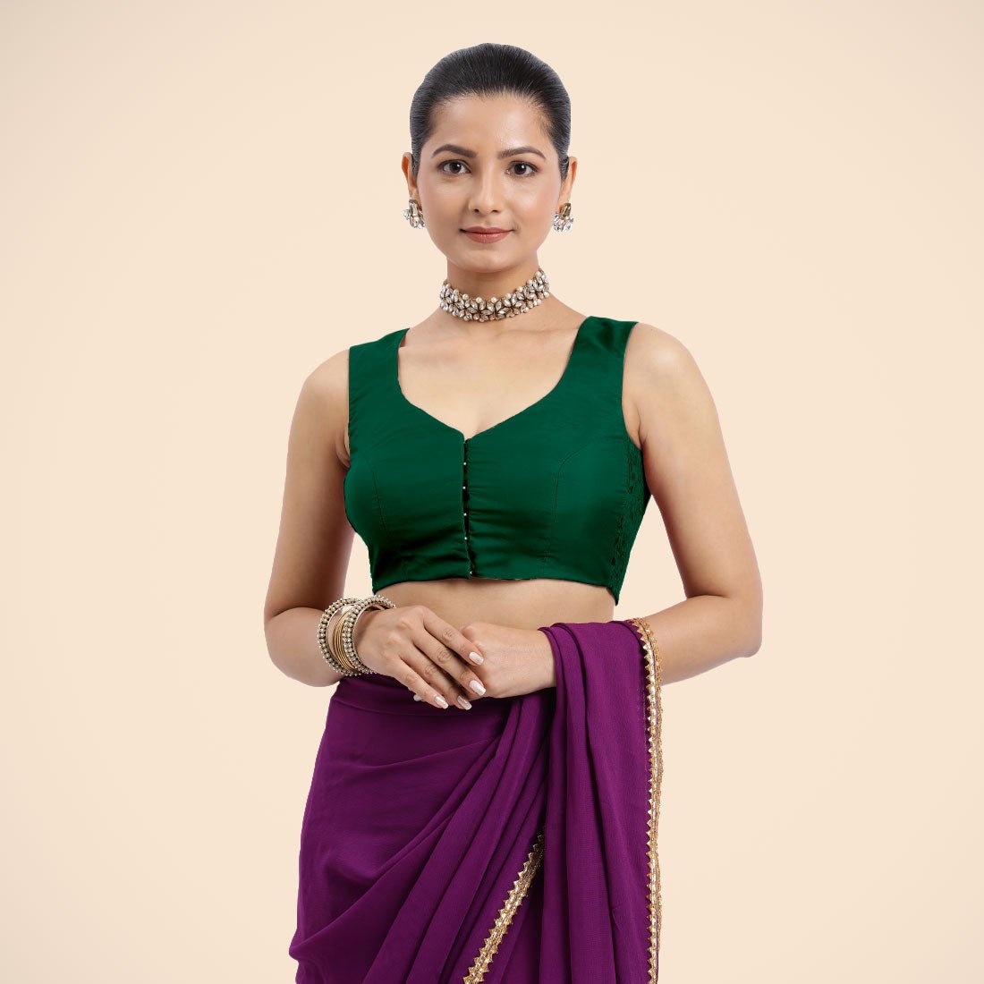 Bottle Green Sleeveless V-Neck Front Open Saree Blouse