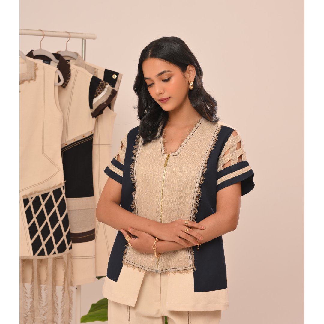 Cream & Blue Stripe Fringe Top