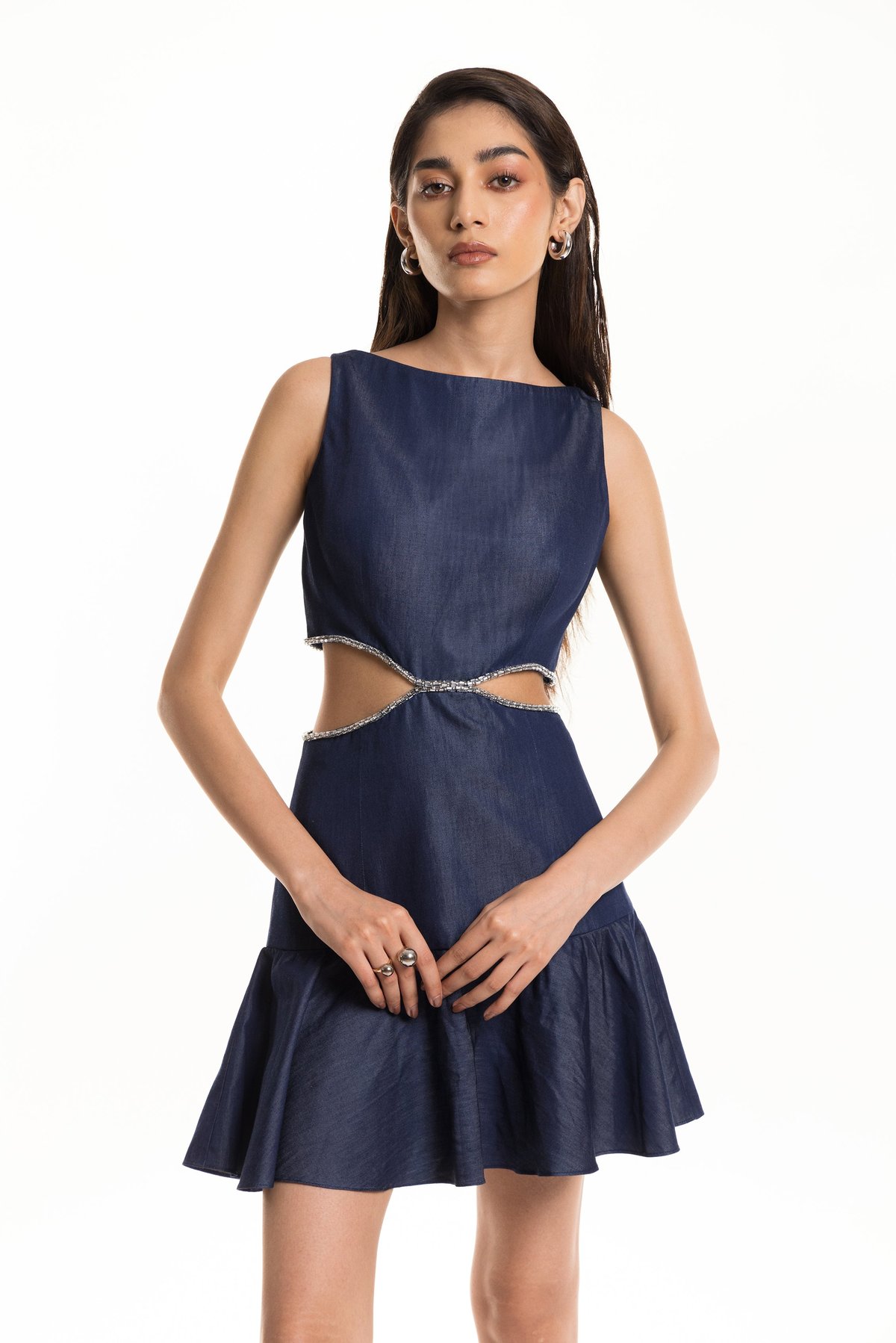 Denim Blue Cutout Waist Fit and Flare Mini Dress