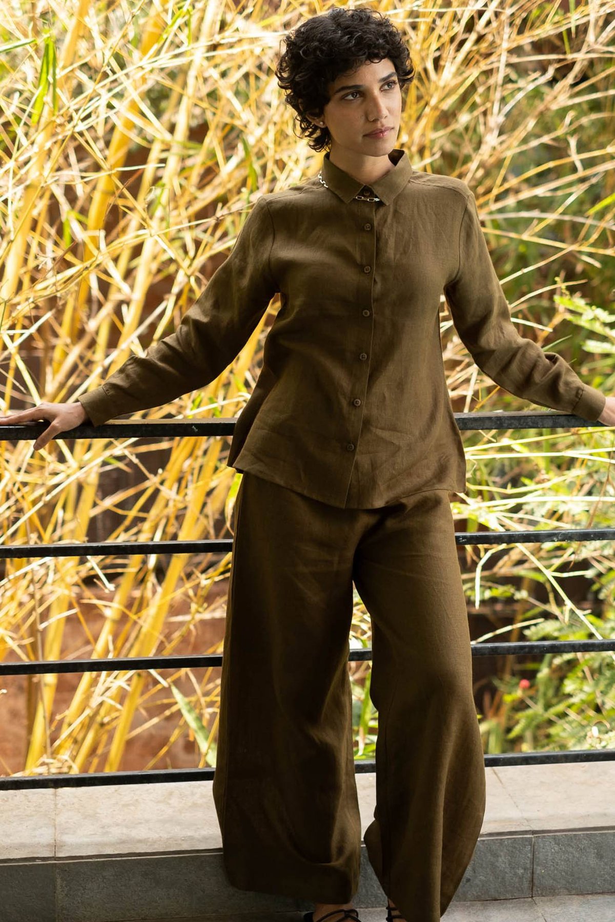 Olive Linen Shirt and Wide-Leg Pants Co-ord Set