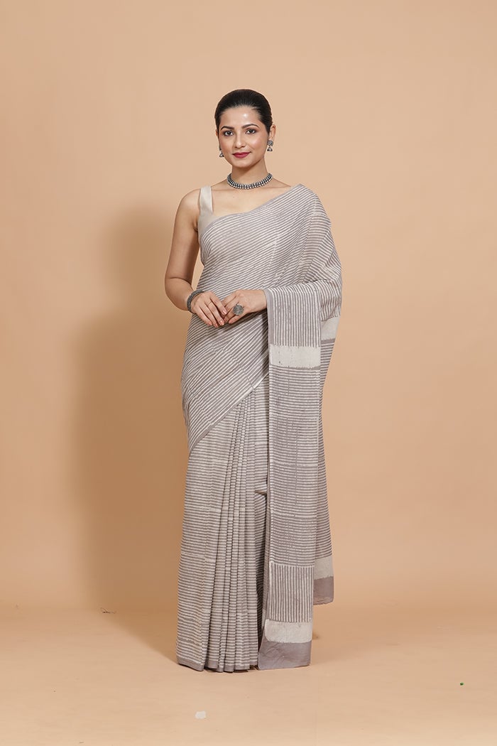 Hand Block Printed Grey Striped Cotton Mulmul