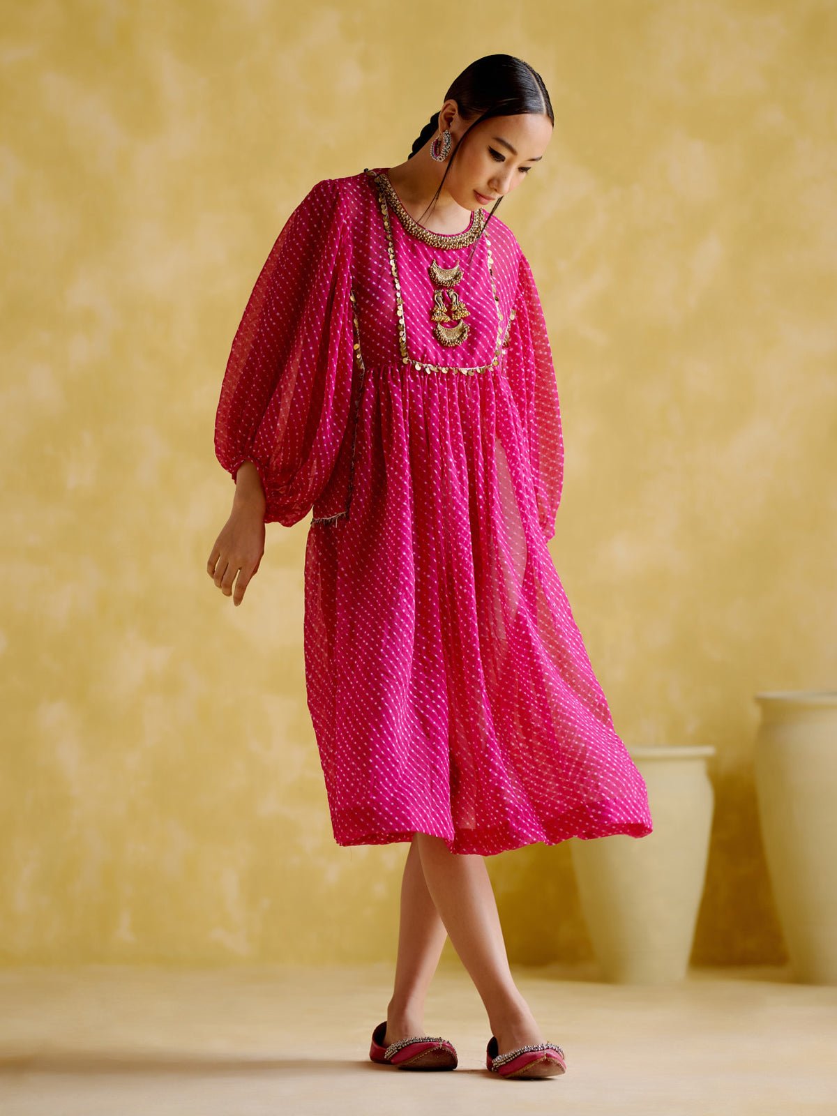 Purple Lehriya Printed Midi Kurta with Embellished Yoke