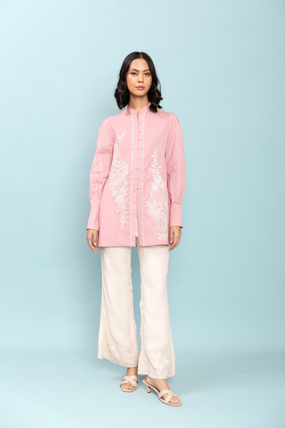 Pink Cotton Flex Longline Shirt with Pearl Embellishments