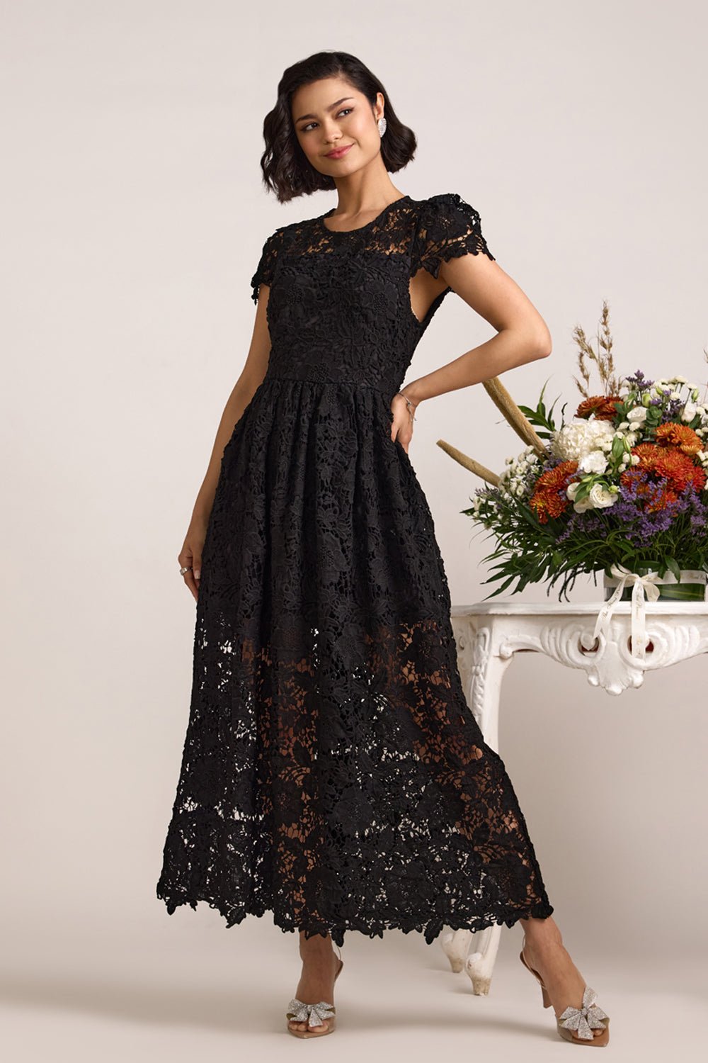 Black Lace Fit and Flare Maxi Dress