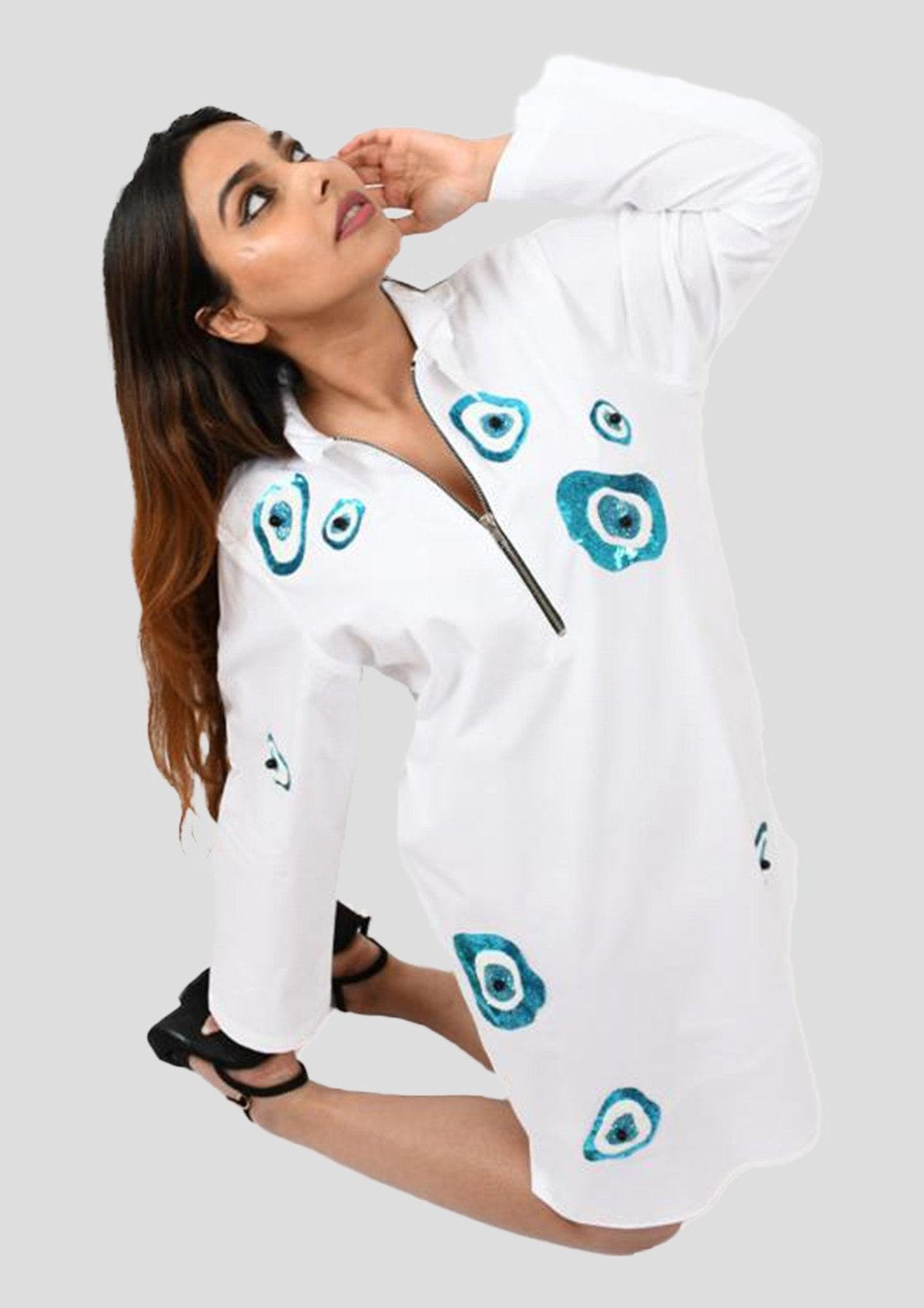 White One Piece Cotton Dress with Abstract Embroidery