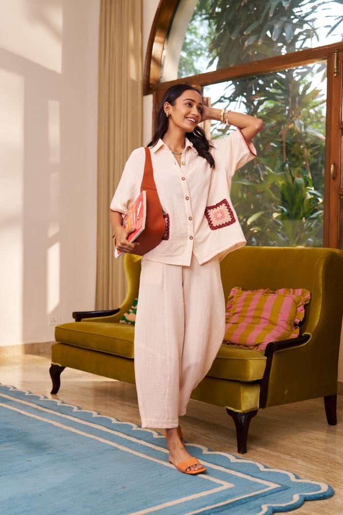Peach Crochet Pocket Shirt and Pants Co-ord Set