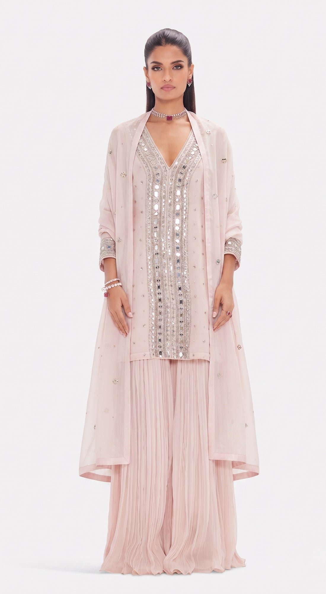 Baby Pink Organza Mirror Work Kurta Sharara Set
