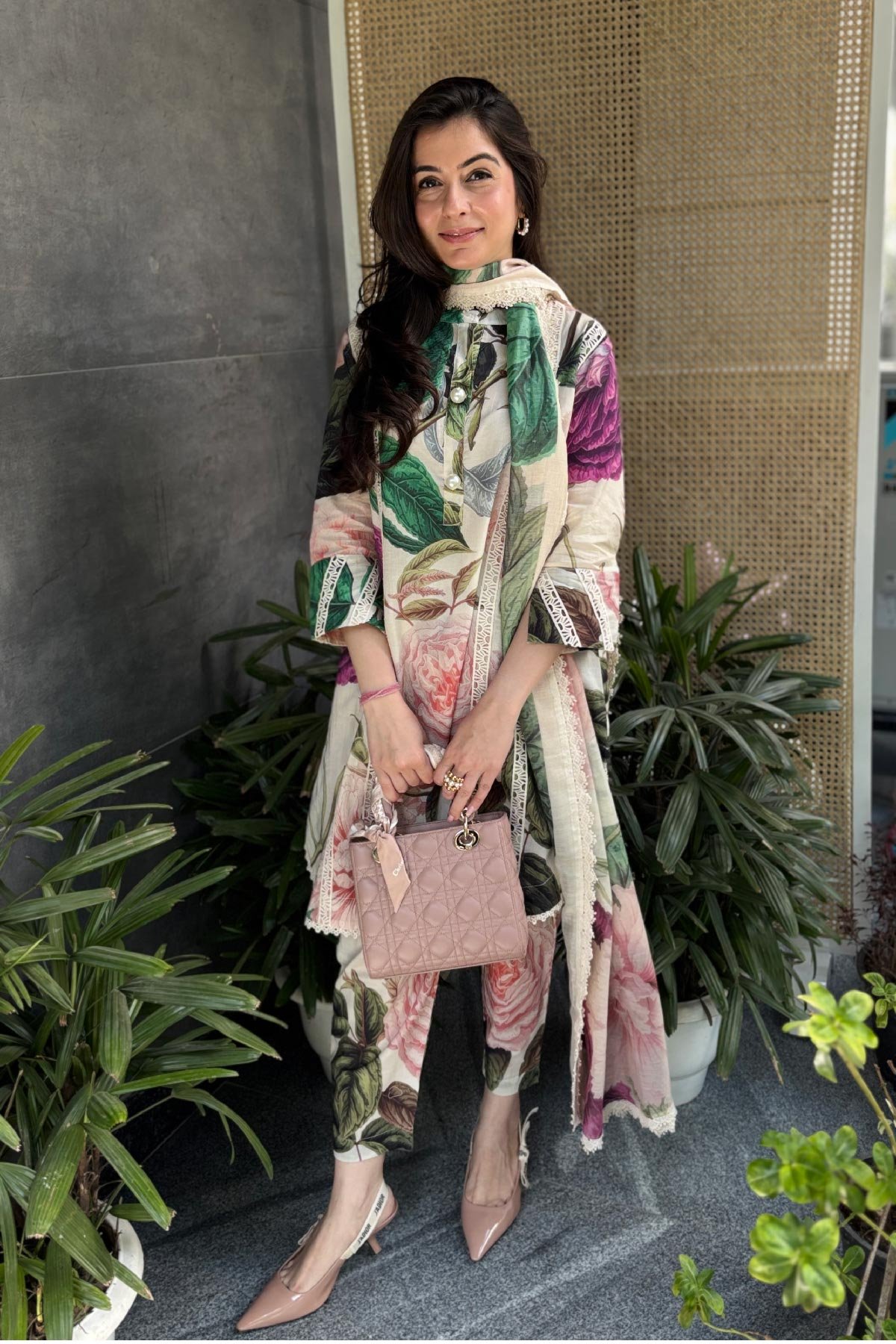 Multicolor Floral Cotton Lawn Suit Set With Lace Details