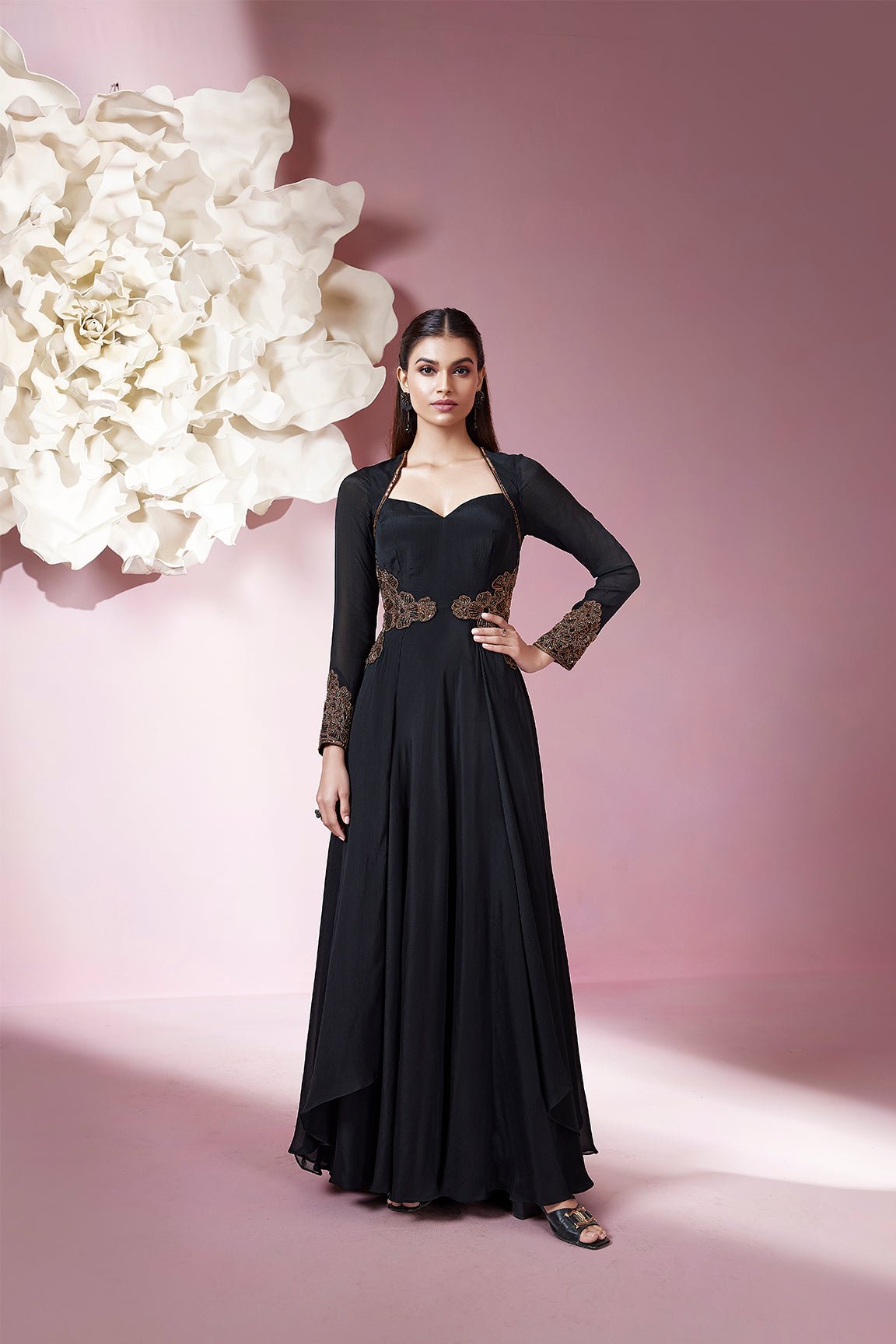 Jet Black Chiffon Maxi Gown with Halter Sweetheart Neck