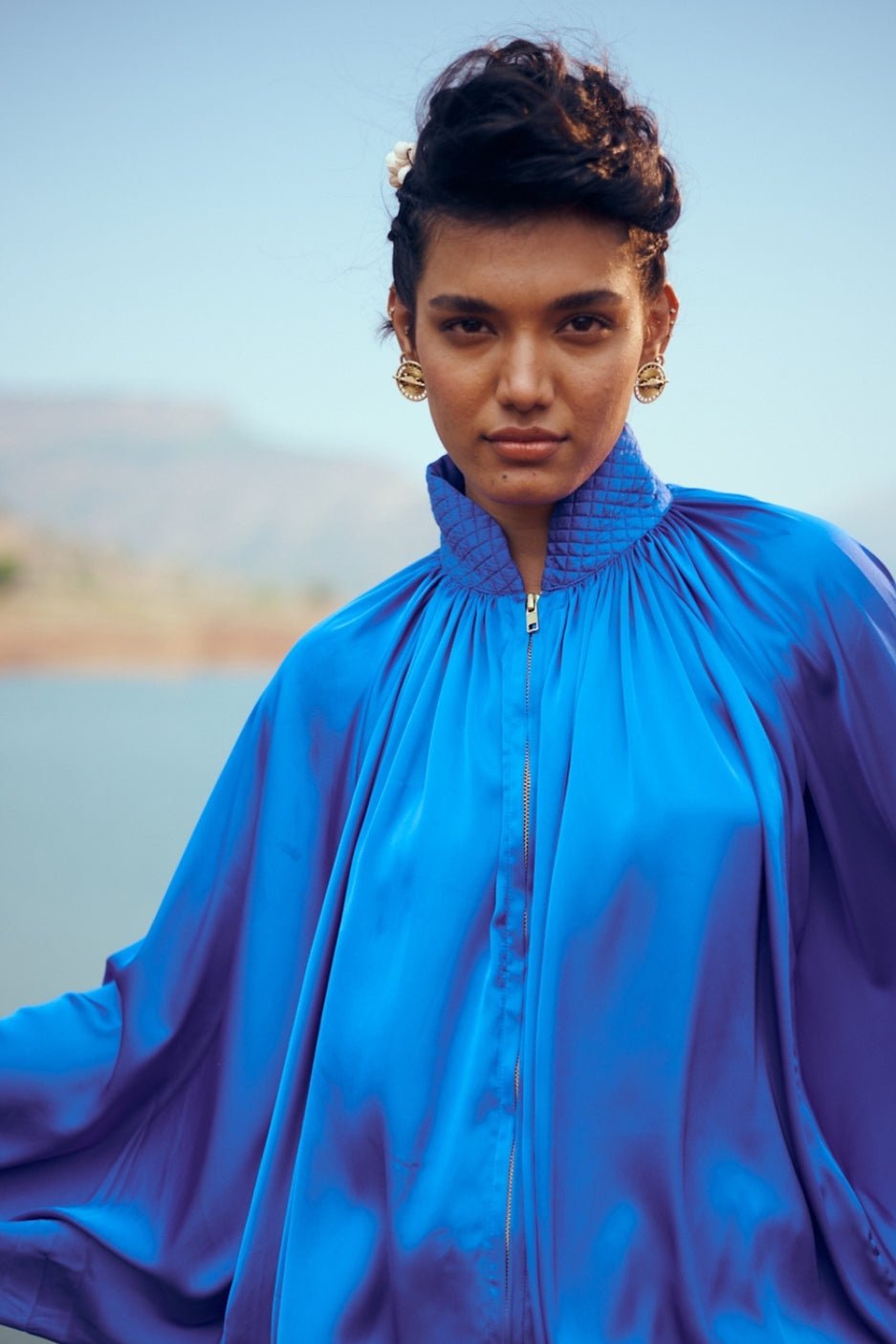 Electric Blue Satin Flowy High-Neck Top with Back Zipper