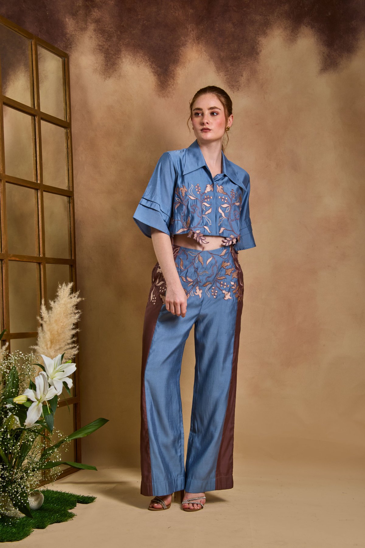 Blue and Brown Embroidered Shirt and Trouser Co-ord Set