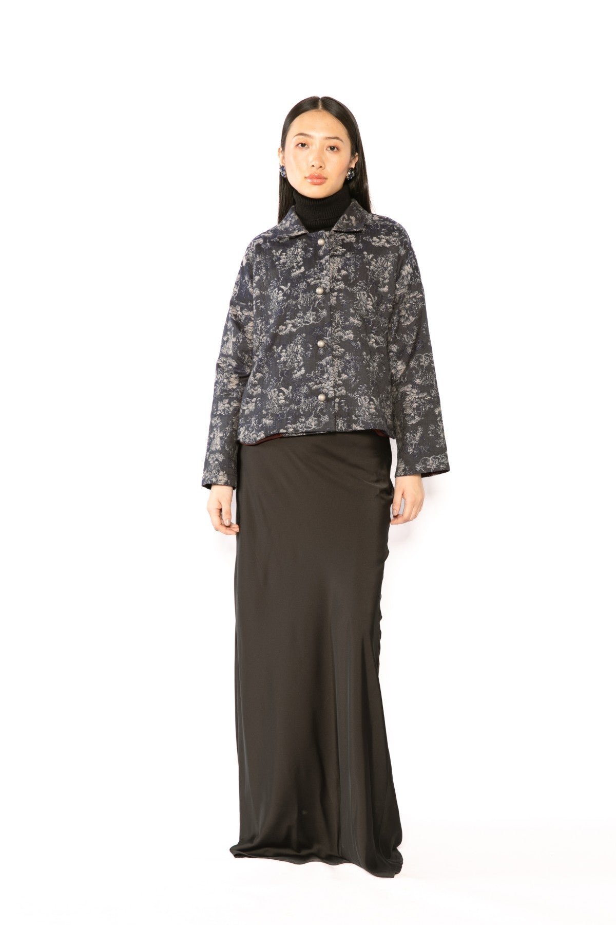 Blue Cropped Boxy Jacquard Shacket