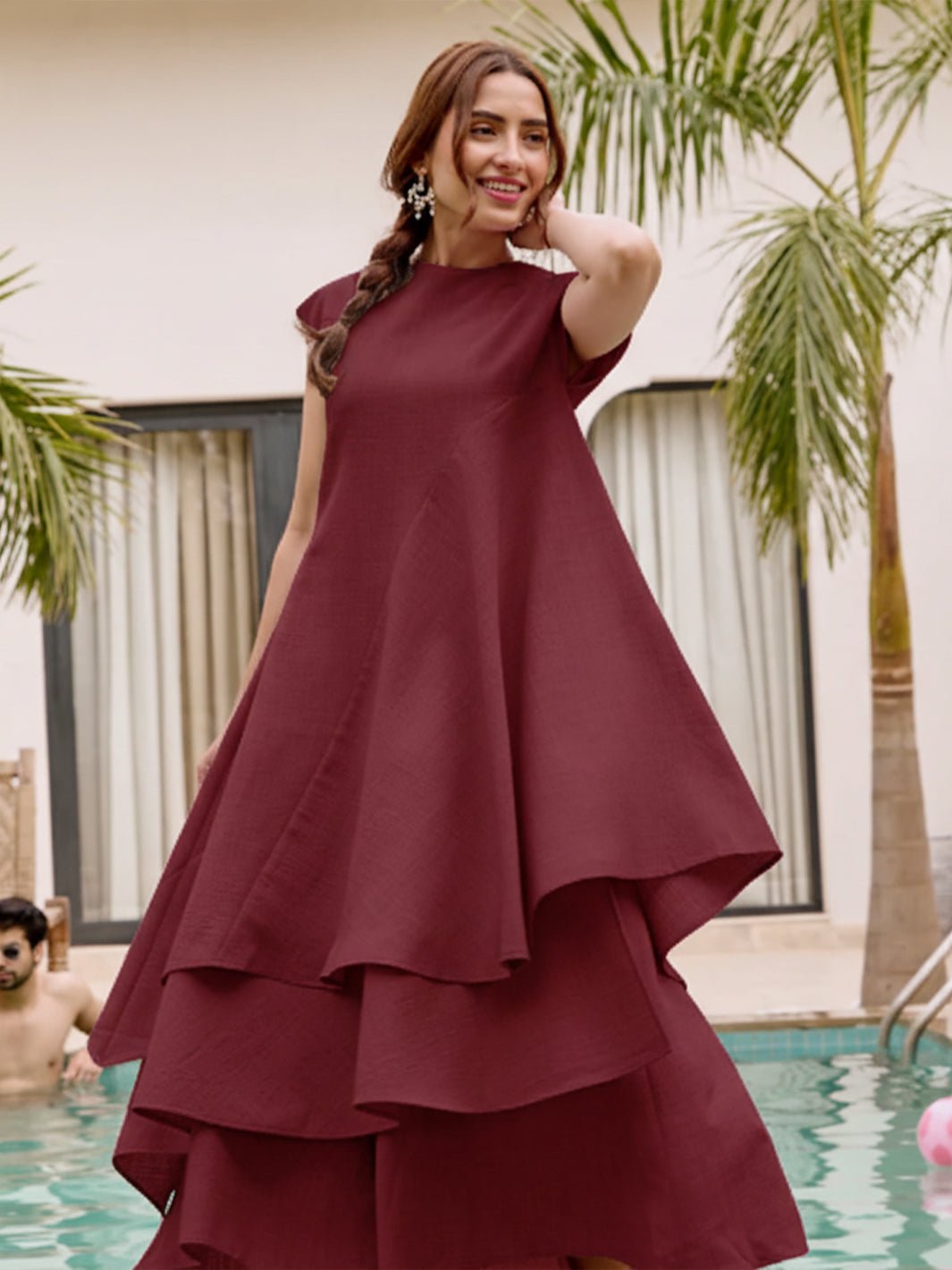 Maroon Asymmetric Layered Tunic and Wide-Leg Pants Co-ord Set