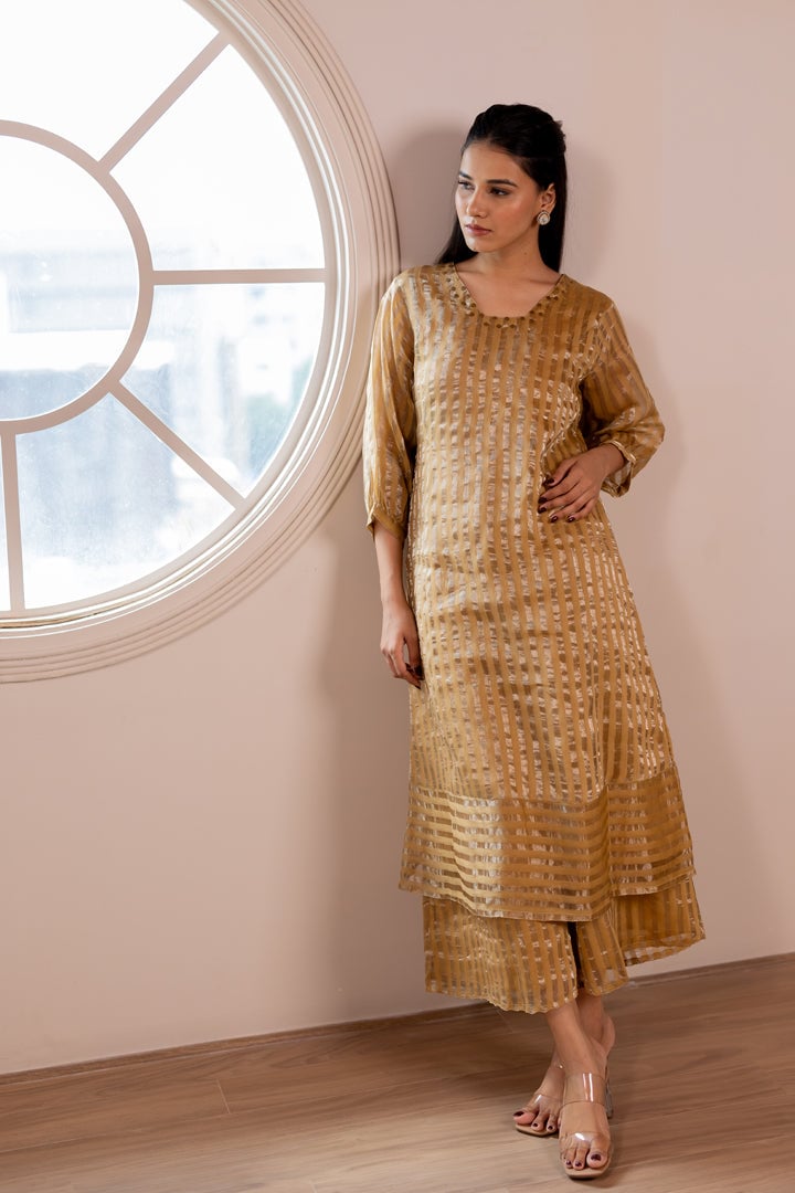 Golden Striped Chanderi Silk Kurta Set with Wide-Leg Pants